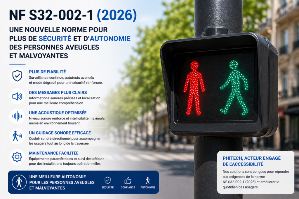 Feu piéton R12 avec signal rouge et vert côte à côte illustrant la norme NF S32-002-1 (2026) et l’amélioration de l’accessibilité pour les personnes aveugles et malvoyantes