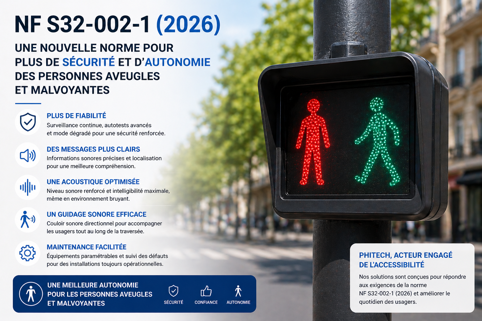 Feu piéton R12 avec signal rouge et vert côte à côte illustrant la norme NF S32-002-1 (2026) et l’amélioration de l’accessibilité pour les personnes aveugles et malvoyantes